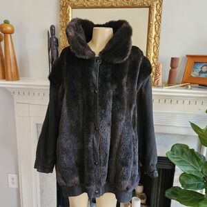 Vtg 60s Dubrowsky Perlbinder Faux Fur Leather Jacket Black Brown Mob Wife Sz 18